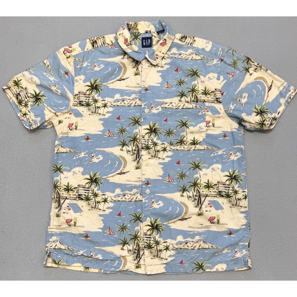 Vintage GAP Hawaiian Aloha Camp Collar Shirt Mens S Blue Tropical‎ Cotton 90s